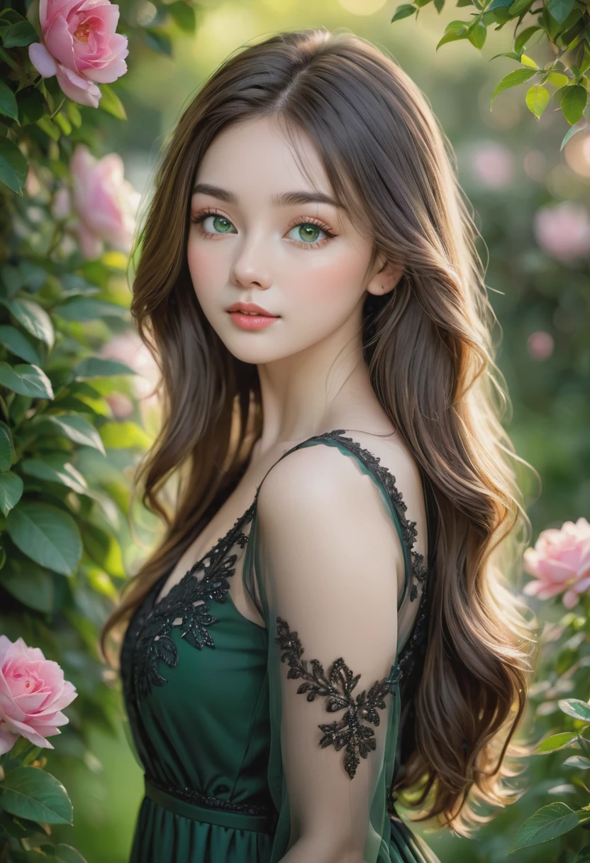 Best quality,high resolution,Ultra-detailed,(Realistic:1.37),(portrait:1.1),(photography:1.1),Vivid colors,soft lighting,beautiful detailed eyes,beautiful detailed lips,(long hair:1.1),(natural beauty:1.1),graceful pose,(black dress:1.1),rosy cheeks,green garden background,subtle bokeh,serene ambience