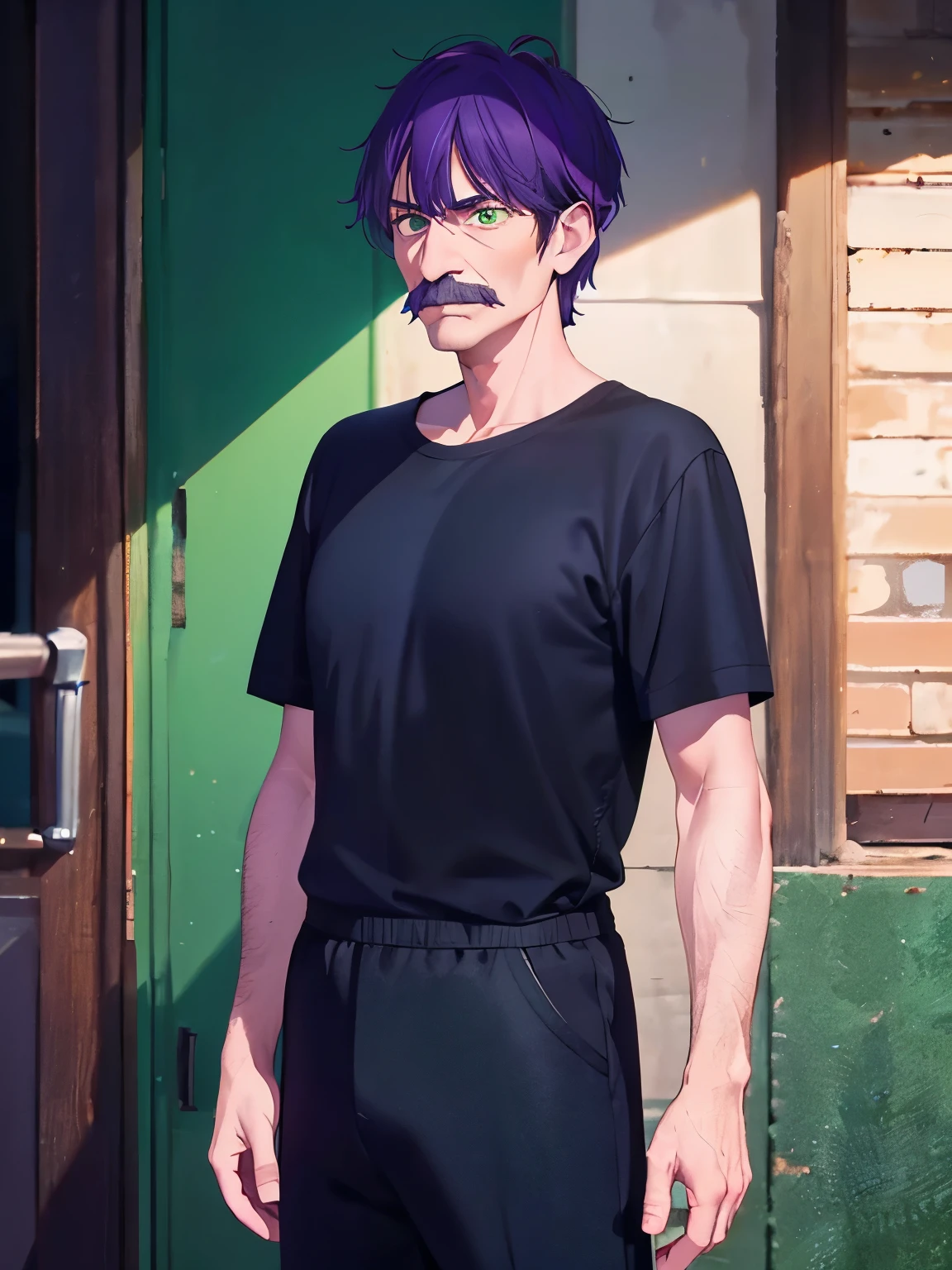 1 old man, 70 years old, short hair, purple hair, green eyes, purple mustache, black shirt,Short sleeves shirt,Shirts, shirts, black trousers, ultra detail, ultra HD, standing,Thin body,half body photo
