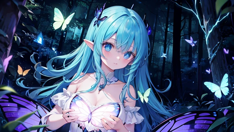 In the dark forest, there are so many many beautiful glowing butterflies and beautiful glowing fairies Mr./Ms..