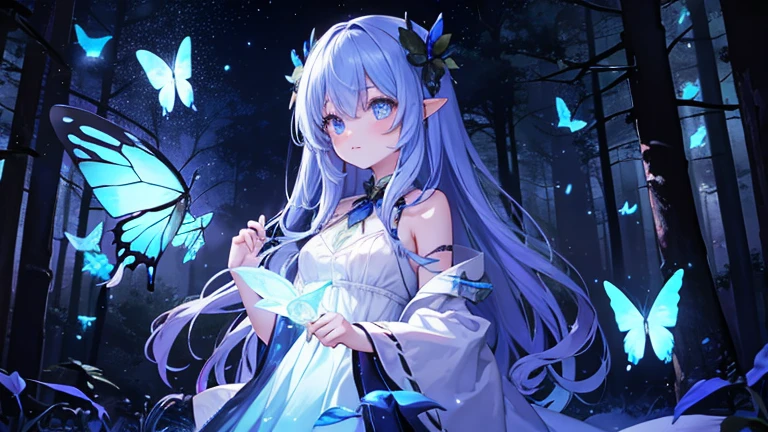 In the dark forest, there are so many many beautiful glowing butterflies and beautiful glowing fairies Mr./Ms..