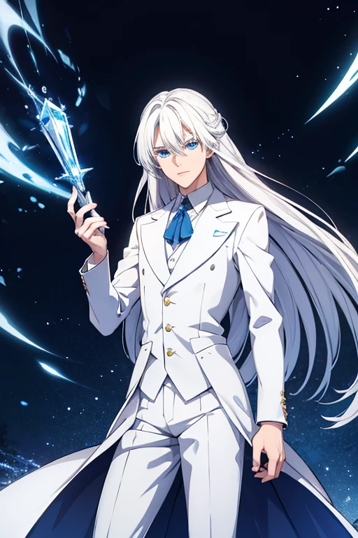 A young white haired man with blue eyes with long hair with blue eyes in a white victorian suit is playing with ice magic at night
