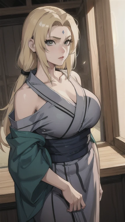 Tsunade, 1 girl, blonde hair, perfect eyes, symmetric eyes, big breasts, mature female, (masterpiece:1.2, best quality:1.2, beautiful, high quality, highres:1.1, aesthetic), detailed, extremely detailed, ambient soft lighting, 4K, perfect lighting,  yukata, off shoulder yukata, beautiful collarbone official artwork, (SFW), diamond forehead mark