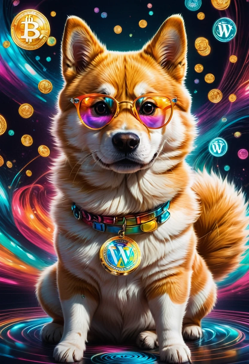 (best quality,4k,8k,highres,masterpiece:1.2),ultra-detailed,(realistic,photorealistic,photo-realistic:1.37),a Shiba Inu,dogecoin artstyle,aesthetic,memorable eyes,cheerful expression,cute round face,fluffy ears,curled tail,playful demeanor,vibrant colors,comic book illustration,vibrant background,digital painting,humorous depiction,stylized rendering,dynamic pose,suchi big doge,comic style shading,comic bubbles,elevated height perspective,shiba wearing sunglasses,dogecoin logo in the background,doge cryptocurrency mascot,eye-catching composition,funny captions,retro comic aesthetic,motion lines,emphasis of wow factor,doge meme reference,colorful bokeh lights,,impactful lighting,modern pop art influences,attention to brand identity,stylized typography,playful typography design,detailed fur texture,digital brush strokes.