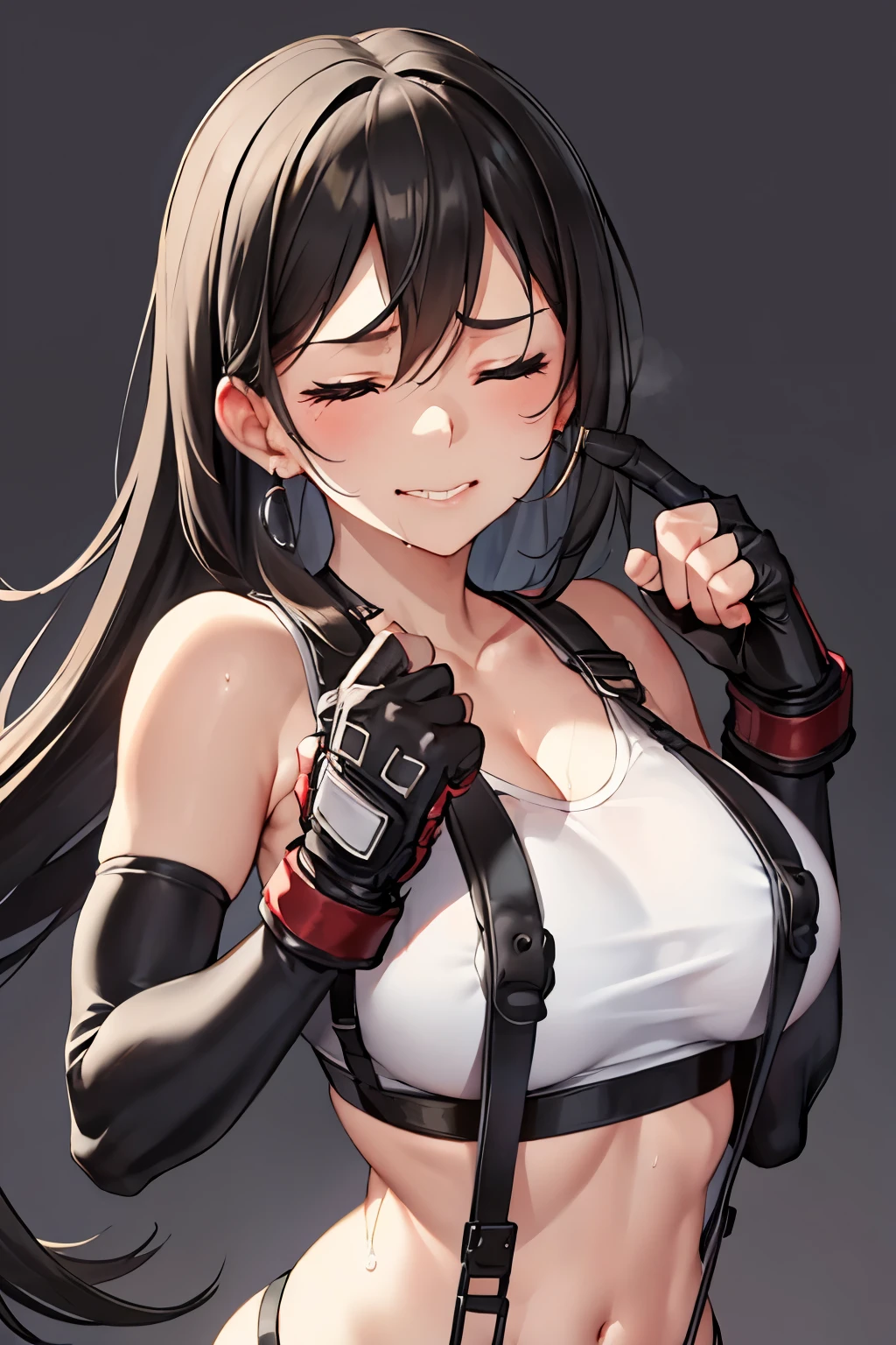 Tifa Lockhart, final fantasy vii remake, 1girl, bangss, bare shoulders​, Black bra, black gloves, A dark-haired, bra very, breastsout,  croptop, earrings, elbowgloves, elbow pad,  fingerless gloves, gloves, greybackground, hair between eye, jewely, large full breasts, Smile, length hair, Materia, Midriff, red eyes, The shirt, sleeveless, sleeveless shirts, solo, suspenders, Tank tops, undergarment、The upper part of the body、white  shirt、white tank tops，,nsfw,(ecstasy:1.3) ,(slut:1.2),(vulgarity:1.3),(fucked silly:1.1),(steam:1.1),(wet:0.8),(trembling:0.8),(tears:0.7) ,(drooling:0.6),(sweat:0.8),sexy lingerie ,(closed eyes:1.4), biting one’s lip,