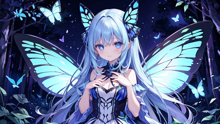 In the dark forest, there are so many many beautiful glowing butterflies and beautiful glowing fairies Mr./Ms..