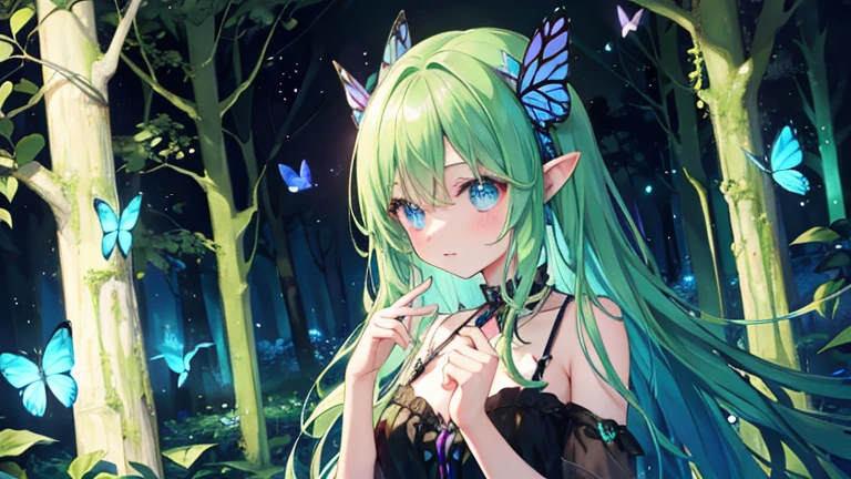 In the dark forest, there are so many many beautiful glowing butterflies and beautiful glowing fairies Mr./Ms..