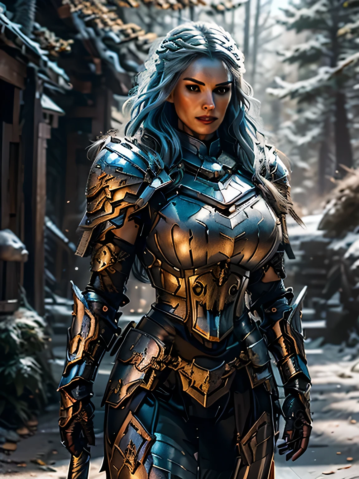 8K,asgard female warrior with very ???????????,Super beautiful(like the real thing),black very large ????? armor,realistic skin,luxury black pants,Has a large, long black spear,????,muscular slim body,ripped abs,black shoulder armor,black waist armor,black leg armor,desert, rich colors, Backlight, cinematic lighting, film grain, RAW, 50mm lens,nikon　D850,ultra high resolution,Super realistic,goddess,battle scene,action scene,action pose,shine a light on the face, long wavy blue hair, the Witcher, the Witcher armor, yennefer, running in the forest 