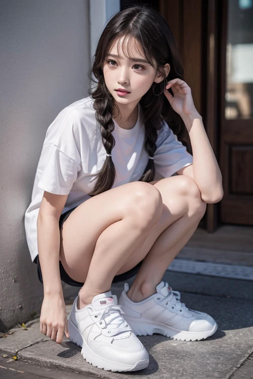 (Realistic、High resolution:1.3),(mode fashion:1.4),Street Ensemble with See-through and Surface Materials,Chignon Hair,Long Bangs,Curly side braids,Hair hanging loosely forward, White sneakers,