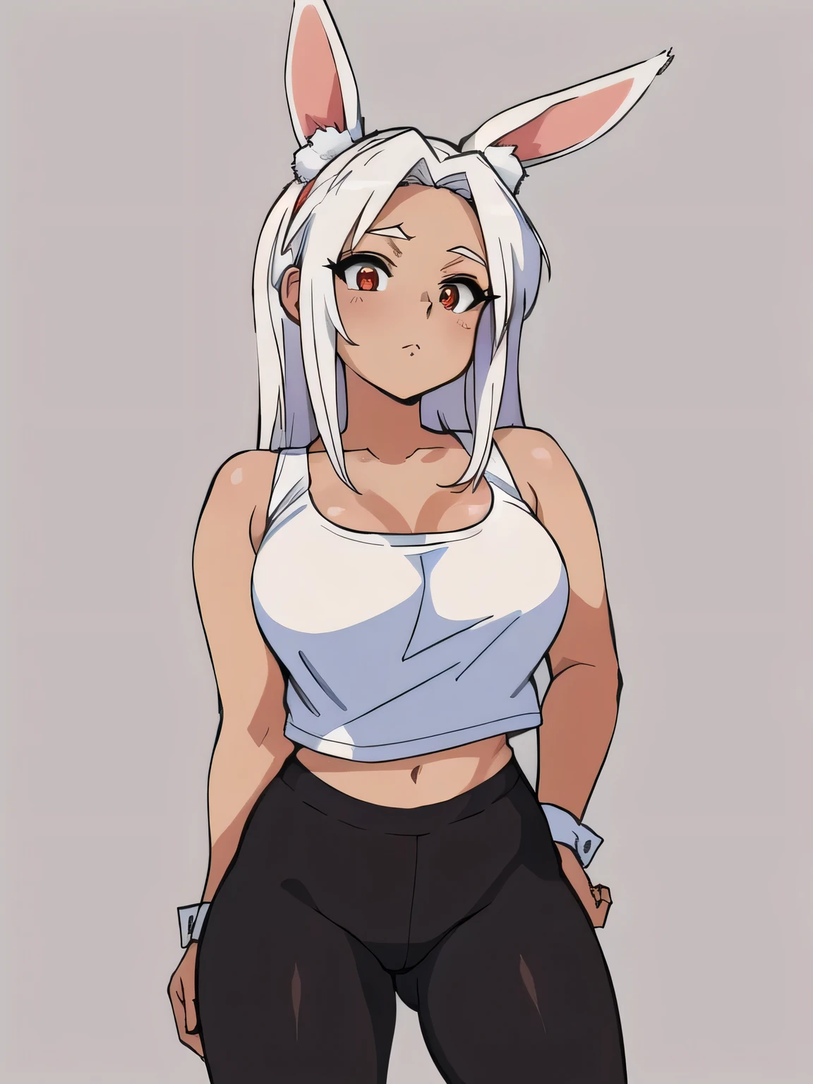 anime girl mit Hasenohren and a white top, Lola-Bunny-Fanart, OC-Kommission, Bunny Girl, casual pose, dick, mit Hasenohren, Im Anime-Stil, Order for high resolution, Charakter im Anime-Stil, ein Tanktop tragen, mit langen Schlappohren, fullbody commission for, Im Anime-Stil, sweet character, with large rabbit ears, bra visible, ((white panties)), red pupils, white hair, tanned skin