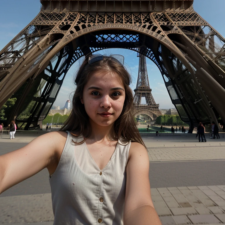 A girl takes a selfie against the background of the Eiffel Tower