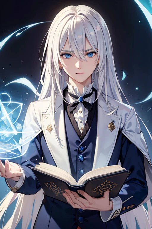 A young white haired man with blue eyes with long hair with blue eyes in a white victorian suit is picking out a spell book