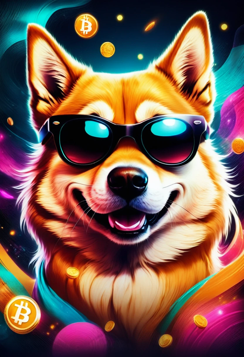 (best quality,4k,8k,highres,masterpiece:1.2),ultra-detailed,(realistic,photorealistic,photo-realistic:1.37),a Shiba Inu,dogecoin artstyle,aesthetic,memorable eyes,cheerful expression,cute round face,fluffy ears,curled tail,playful demeanor,vibrant colors,comic book illustration,vibrant background,digital painting,humorous depiction,stylized rendering,dynamic pose,suchi big doge,comic style shading,comic bubbles,elevated height perspective,shiba wearing sunglasses,dogecoin logo in the background,doge cryptocurrency mascot,eye-catching composition,funny captions,retro comic aesthetic,motion lines,emphasis of wow factor,doge meme reference,colorful bokeh lights,,impactful lighting,modern pop art influences,attention to brand identity,stylized typography,playful typography design,detailed fur texture,digital brush strokes.