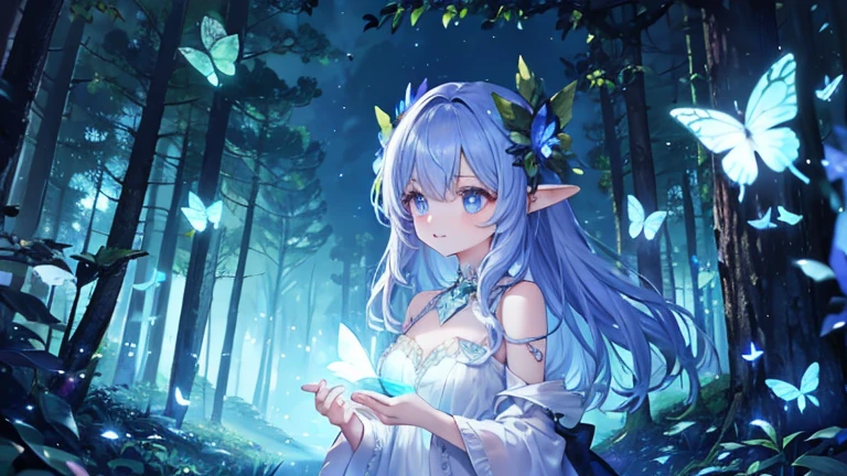 In the dark forest, there are countless beautiful glowing fairies and beautiful glowing butterflies