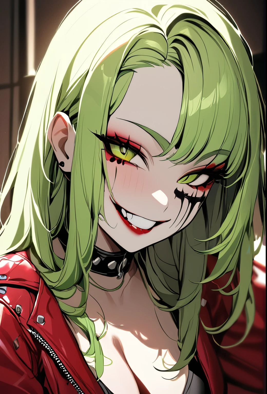 Holo-Punk Style, ((best quality)),((masterpiece)),((strikingly beautiful)), 1girl, green hair, red leather jacket, indoors, white face paint, grin, teeth, red lips
