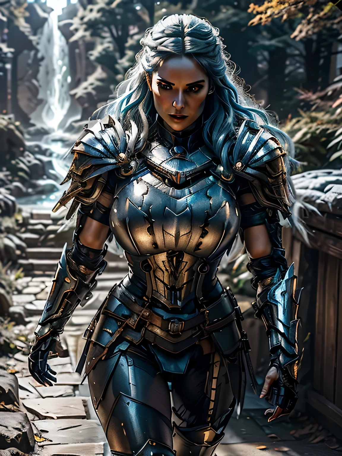 8K,asgard female warrior with very big breasts,Super beautiful(like the real thing),black very large chest armor,realistic skin,luxury black pants,Has a large, long black spear,sexy,muscular slim body,ripped abs,black shoulder armor,black waist armor,black leg armor,desert, rich colors, Backlight, cinematic lighting, film grain, RAW, 50mm lens,nikon D850,ultra high resolution,Super realistic,goddess,battle scene,action scene,action pose,shine a light on the face, long wavy blue hair, the Witcher, the Witcher armor, yennefer, running in the forest