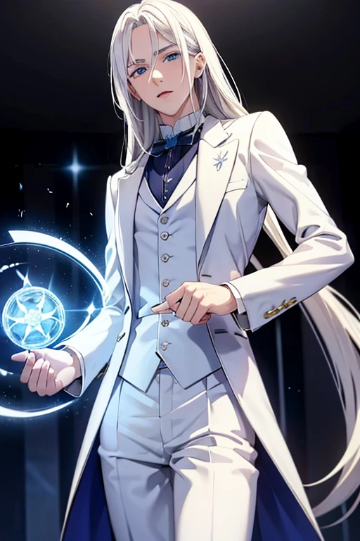 A young white haired man with blue eyes with long hair with blue eyes in a white victorian suit is practicing magic in front of the class