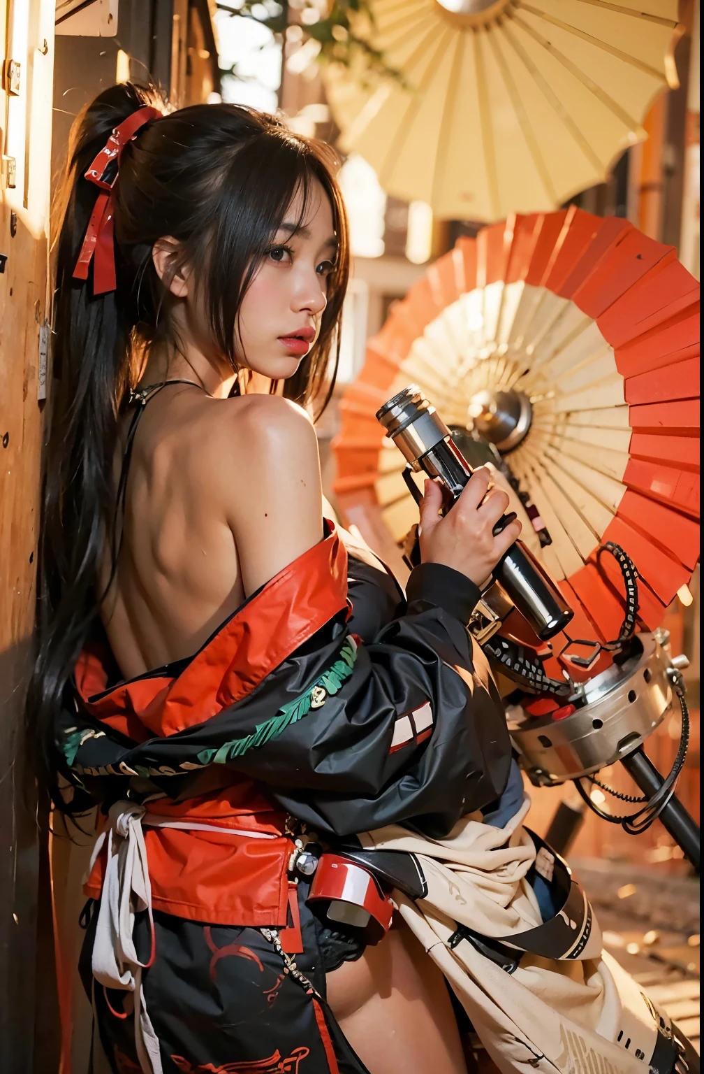 (masterpiece, best quality:1.2), (8k uhd, 16k, 32k, ultra high res), (photorealistic:1.37), (RAW photo), ultimate-realistic, ultimate-realistic details, ultimate-realistic texture, ultimate-intricate details, ultimate-realistic lighting, ultimate-realistic shadow, 1 japanese girl, ultimate-cute face, ultimate-RAW skin, ultimate-realistic eyes, (mechanical:1.4),  (armor), full body, wide shot