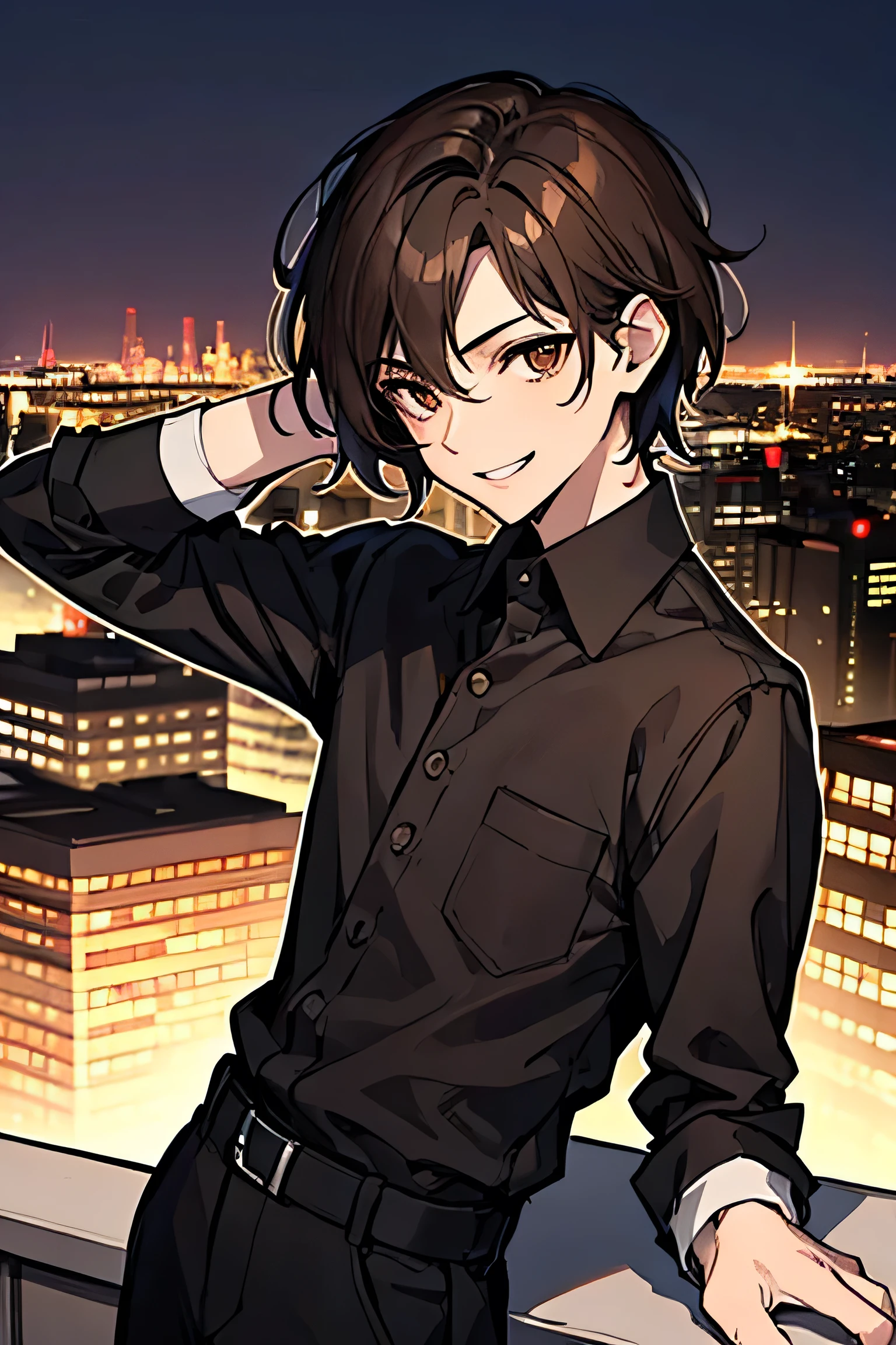 ((masterpiece, best quality)), 1man, nighttime, evening, dark sky, at rooftop, city view, young adult, looking at camera, front angle, looking at camera, half body, carefree, smile, brown eyes, small eyes, brown hair, long eyes, straight hair, short hair, black shirt, long sleeves, collars, messy, bruises and patches