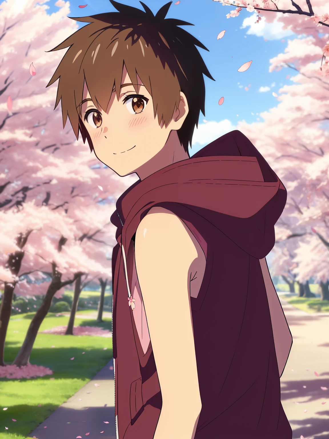 Highres, Masterpiece, Best quality at best,Best Quality,hight quality, hight detailed, 1boy, shinkai makoto, kimi no na wa, 1boy, Taki, Sleeveless hoodie, blush, brown eyes, smile, cute, looking at the viewer, cherry_blossoms, falling_petals, petals, branch, pink_flower, sky, sunlight, spring_season, wind, tree