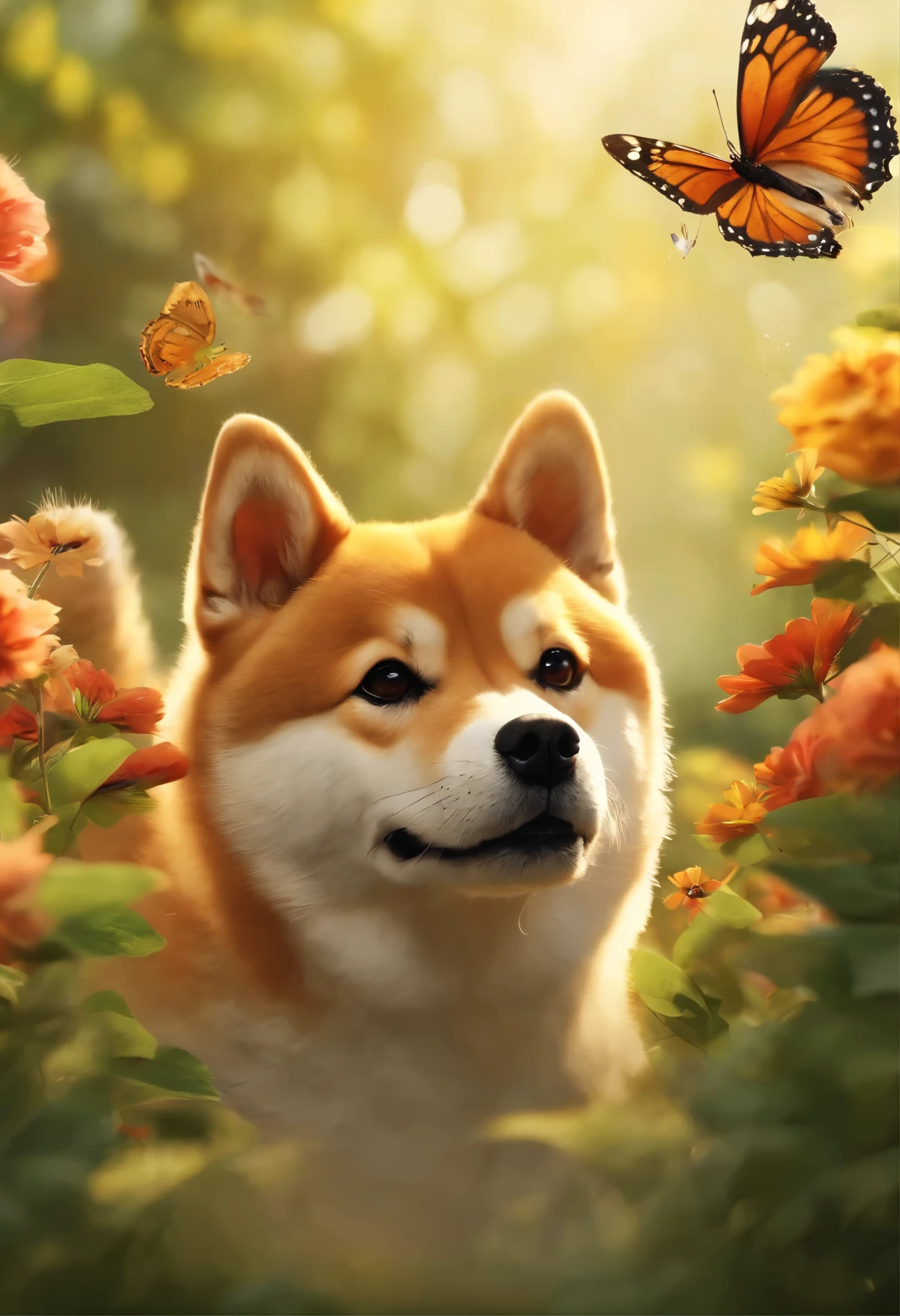 (best quality,4k,highres,ultra-detailed,realistic:1.2),a jumping Shiba Inu,lush garden,colorful butterflies,first-person perspective,illustration medium,natural lighting,warm color tones
