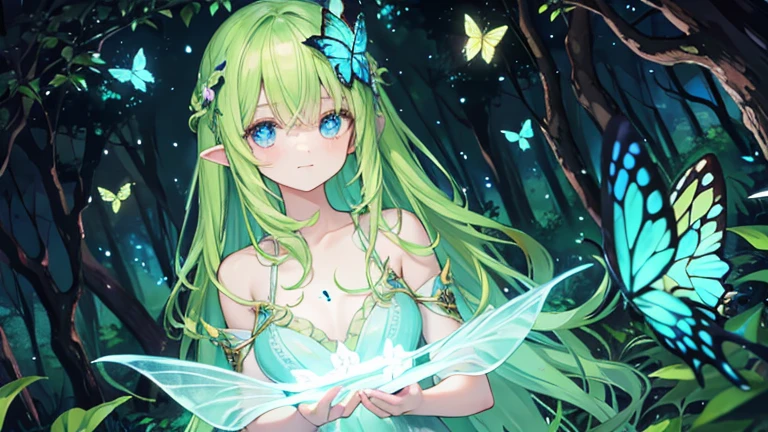 In the dark forest, there are countless beautiful glowing fairies and beautiful glowing butterflies