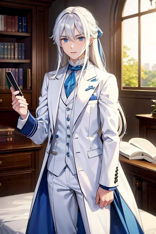 A young white haired man with blue eyes with long hair with blue eyes in a white victorian suit is studying in his dorm