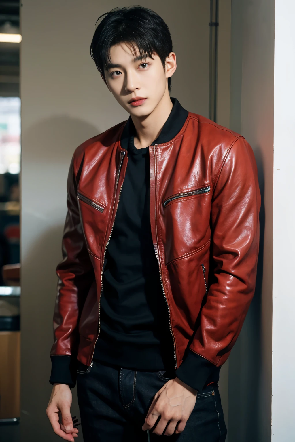 （Handsome Chinese guy：1.5）Libido boy，Locomotive Boy，Locomotive Boy，Realistic photos，Wearing a red, blue and black tight leather jacket，Brush cut，Textured skin，looks into camera，18-year-old boy，Studio，danshi koukousei，Muscle role，Perfect shadow body，Gigachad muscle，The trend is at CGSTATION，Hero male pose，