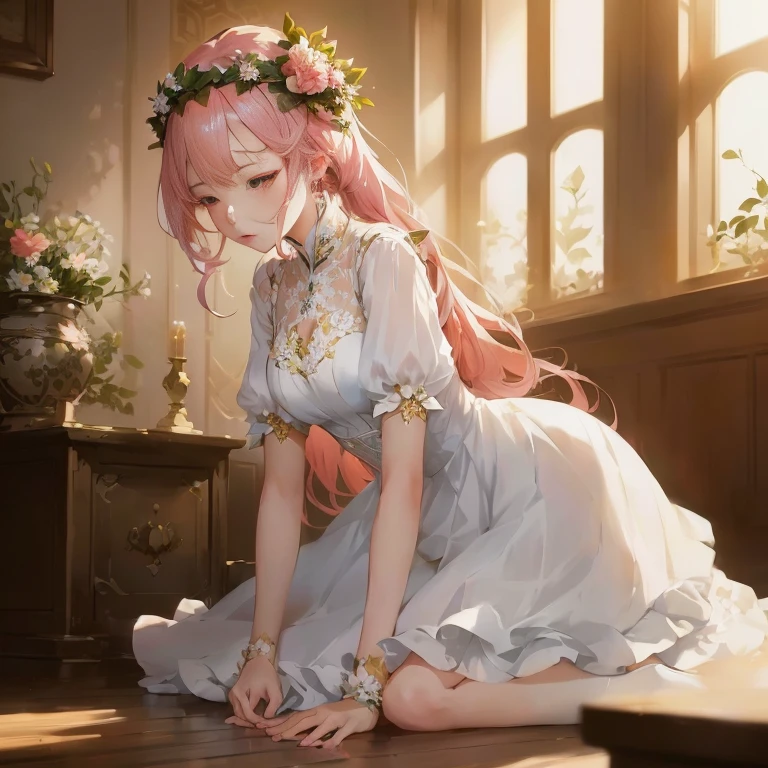 anime girl in a white dress sitting on the floor with a flower crown, cute anime waifu in a nice dress, guweiz on pixiv artstation, 8k high quality detailed art, artwork in the style of guweiz, cushart krenz key art feminine, guweiz on artstation pixiv, royal elegant pose, guweiz