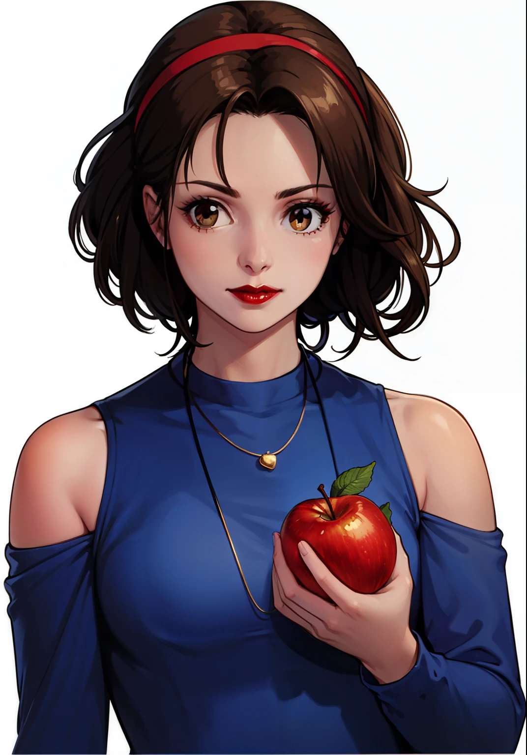 masterpiece, best quality, 1girl, solo, brown eyes, red lips, gold necklace,apple in hand, red headband