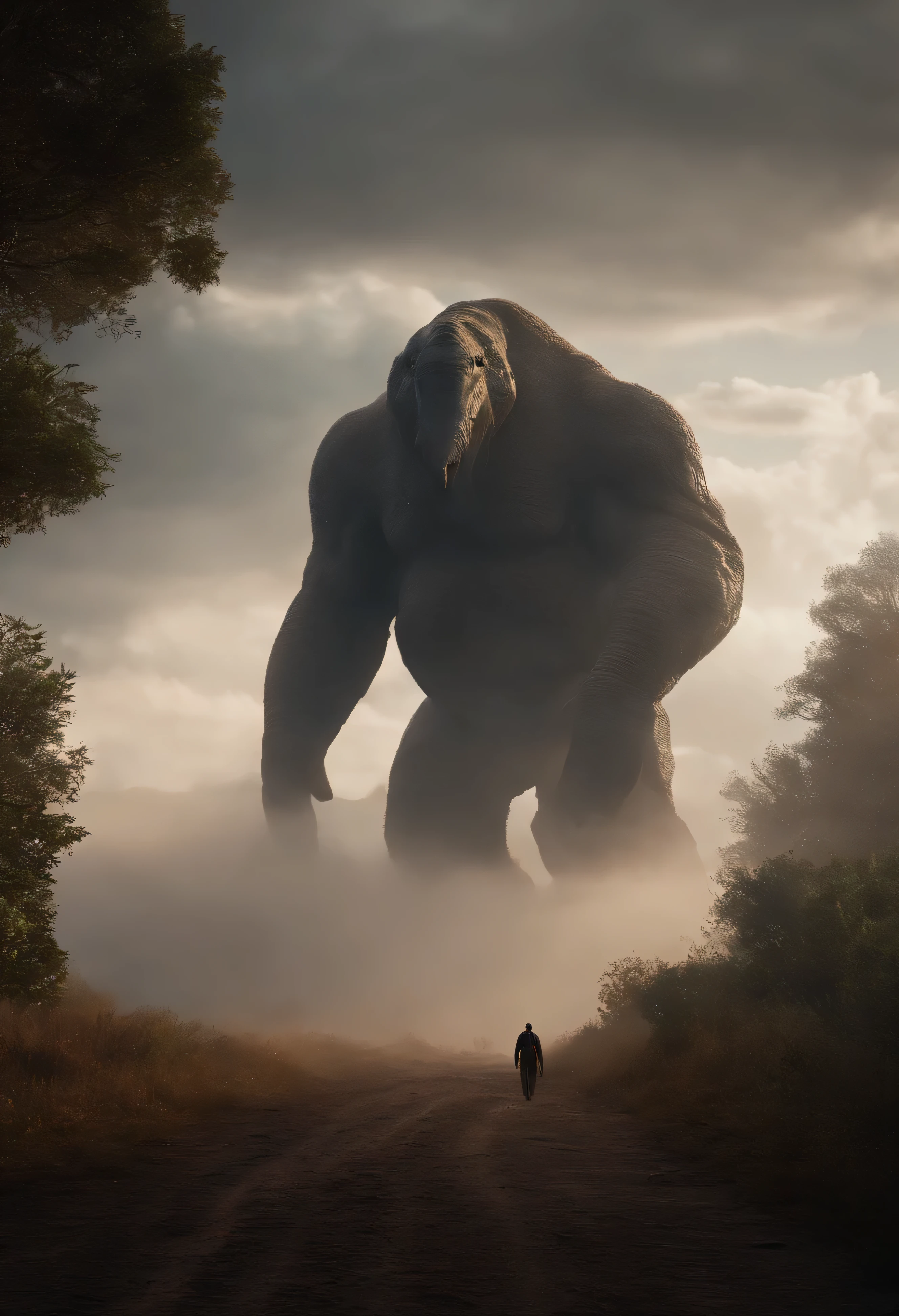 Gigantic creature walking across a plain in the distance, nevoeiro, neblina, nuvens escuras, sombrio ,supense, monstro, Sobrenatural, octan render, Motor irreal, fotorrealista, hiper realismo, altamente detalhado, alta qualidade, intrinsecamente detalhado,Volumetric lighting, personagem completo, 4k, ,disco Rigido ,Full HD, 8k, RTX, high resolution, sombras detalhadas, incrivelmente detalhado, perfeito, Dramatic scale