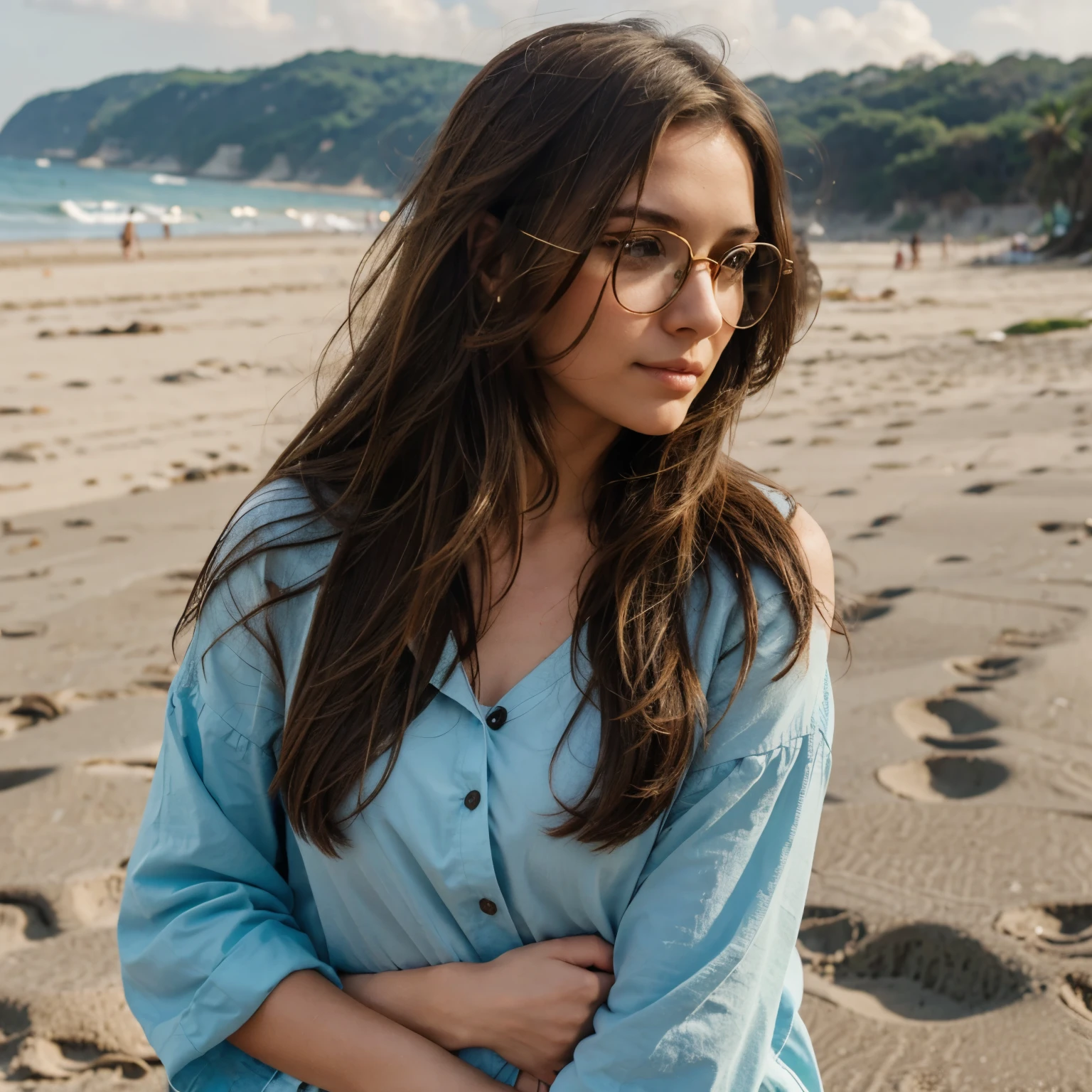 Brunette woman with long brown hair wearing glasses on the beach in informal clothes