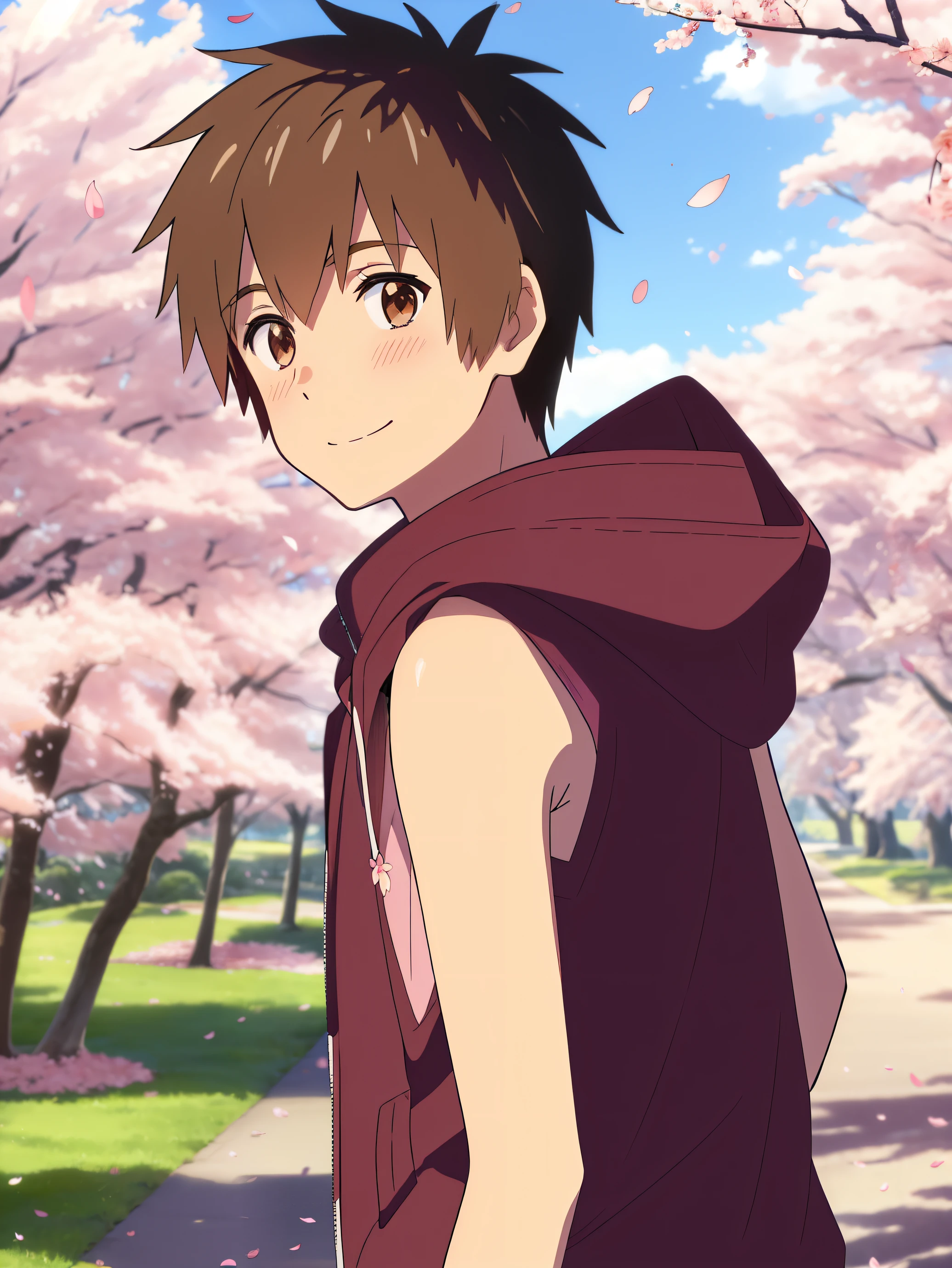 Highres, Masterpiece, Best quality at best,Best Quality,hight quality, hight detailed, 1boy, shinkai makoto, kimi no na wa, 1boy, Taki, Sleeveless hoodie, blush, brown eyes, smile, cute, looking at the viewer, cherry_blossoms, falling_petals, petals, branch, pink_flower, sky, sunlight, spring_season, wind, tree