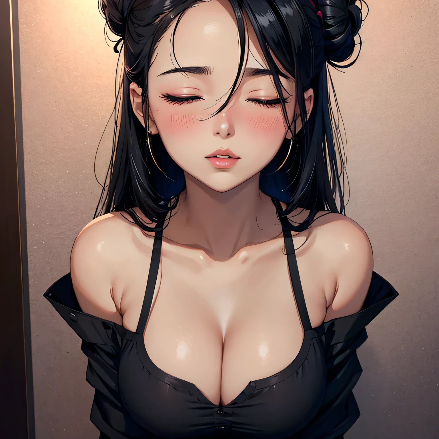 Sexy woman, black hair, neat bun, closed eyes, lips parted, deep blush, flustered, beautiful face, long forehead, lips parted, kissable lips, sensual, lips parted, deep blush, flustered, beautiful long neck, collarbone, medium chest, cleavage, black kurta