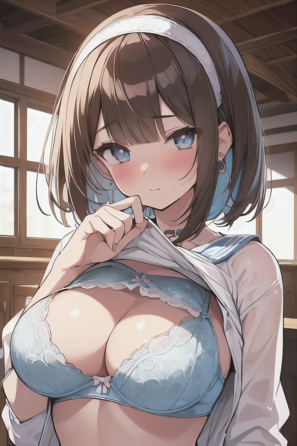 (best quality), (Super detailed), (Best Illustration), (woman), from top, look at viewer, {(white serafuku), (shirt, lift:1.2), (show off bra:1.3)}, (large breasts), {(detailed eyes), (heart-shaped pupils), blue eyes}, {brown hair, (bob cut:1.3), curly hair, hairs between eyes}, blush, earring, hair band,