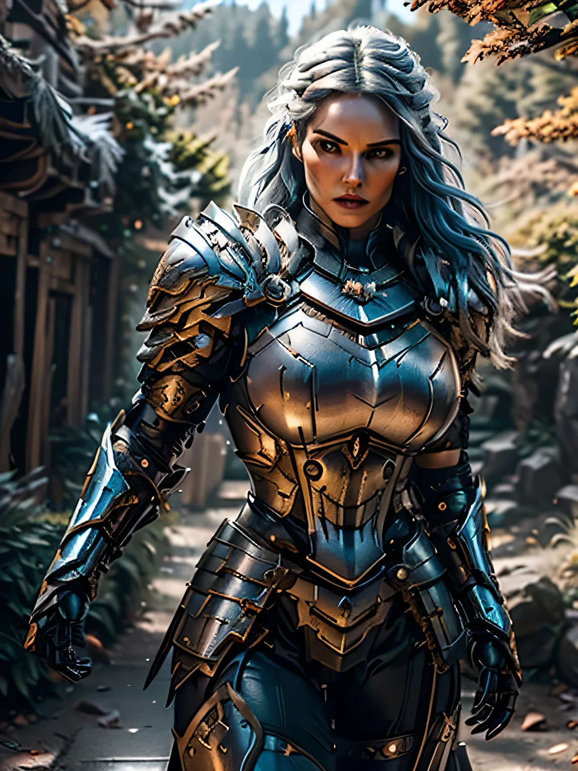 8K,asgard female warrior with very big breasts,Super beautiful(like the real thing),black very large chest armor,realistic skin,luxury black pants,Has a large, long black spear,sexy,muscular slim body,ripped abs,black shoulder armor,black waist armor,black leg armor,desert, rich colors, Backlight, cinematic lighting, film grain, RAW, 50mm lens,nikon D850,ultra high resolution,Super realistic,goddess,battle scene,action scene,action pose,shine a light on the face, long wavy blue hair, the Witcher, the Witcher armor, yennefer, running in the forest