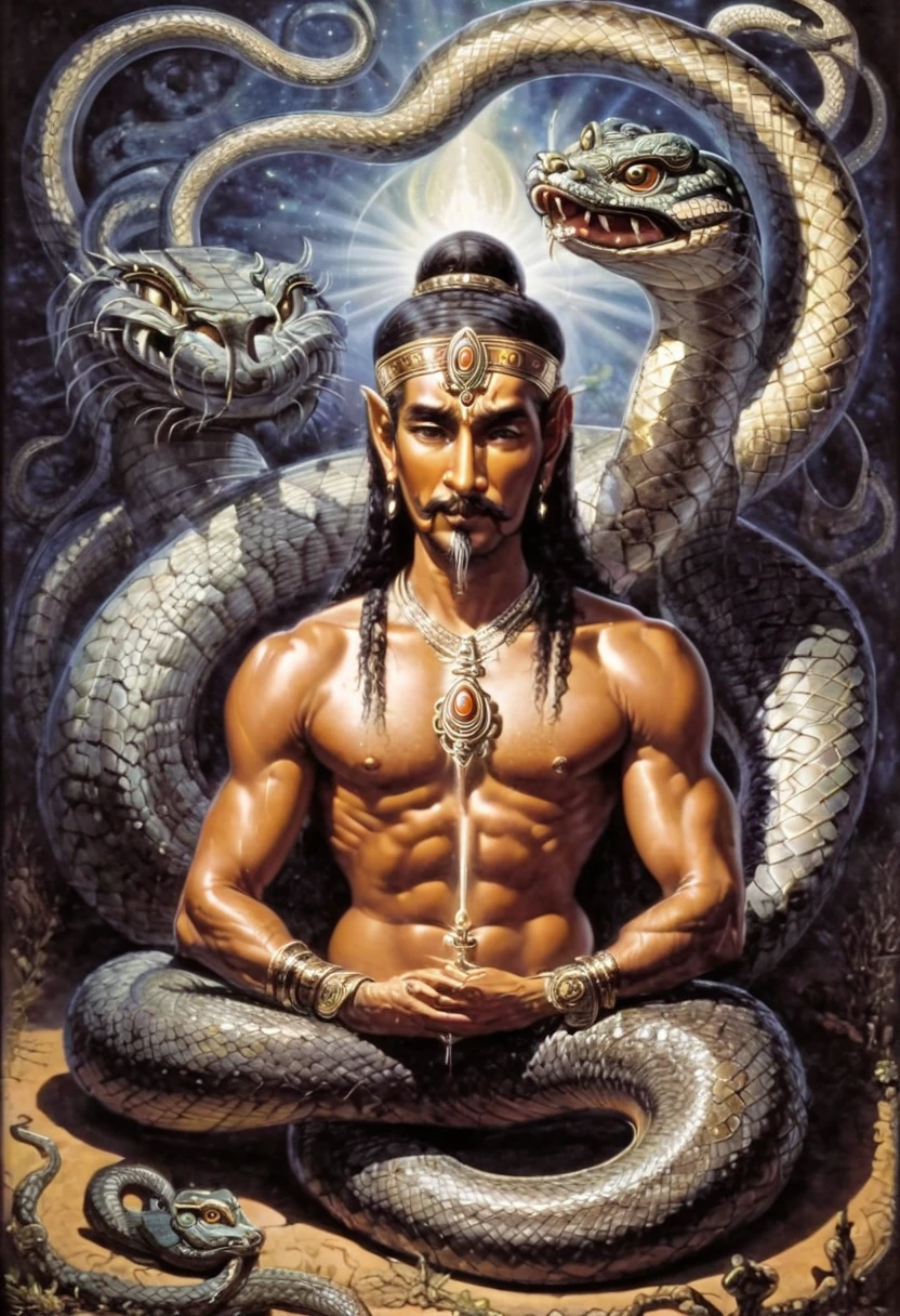 a painting of a man sitting in a lotus position with a snake, portrait of a sacred serpent, cyborg hindu godbody, naga, by Philippe Druillet, by Tim Hildebrandt, kundalini energy, virgil finlaytim hildebrandt, inspired by Philippe Druillet, greg hildebrandt highly detailed, enlightenment. intricate, djinn human hybrid