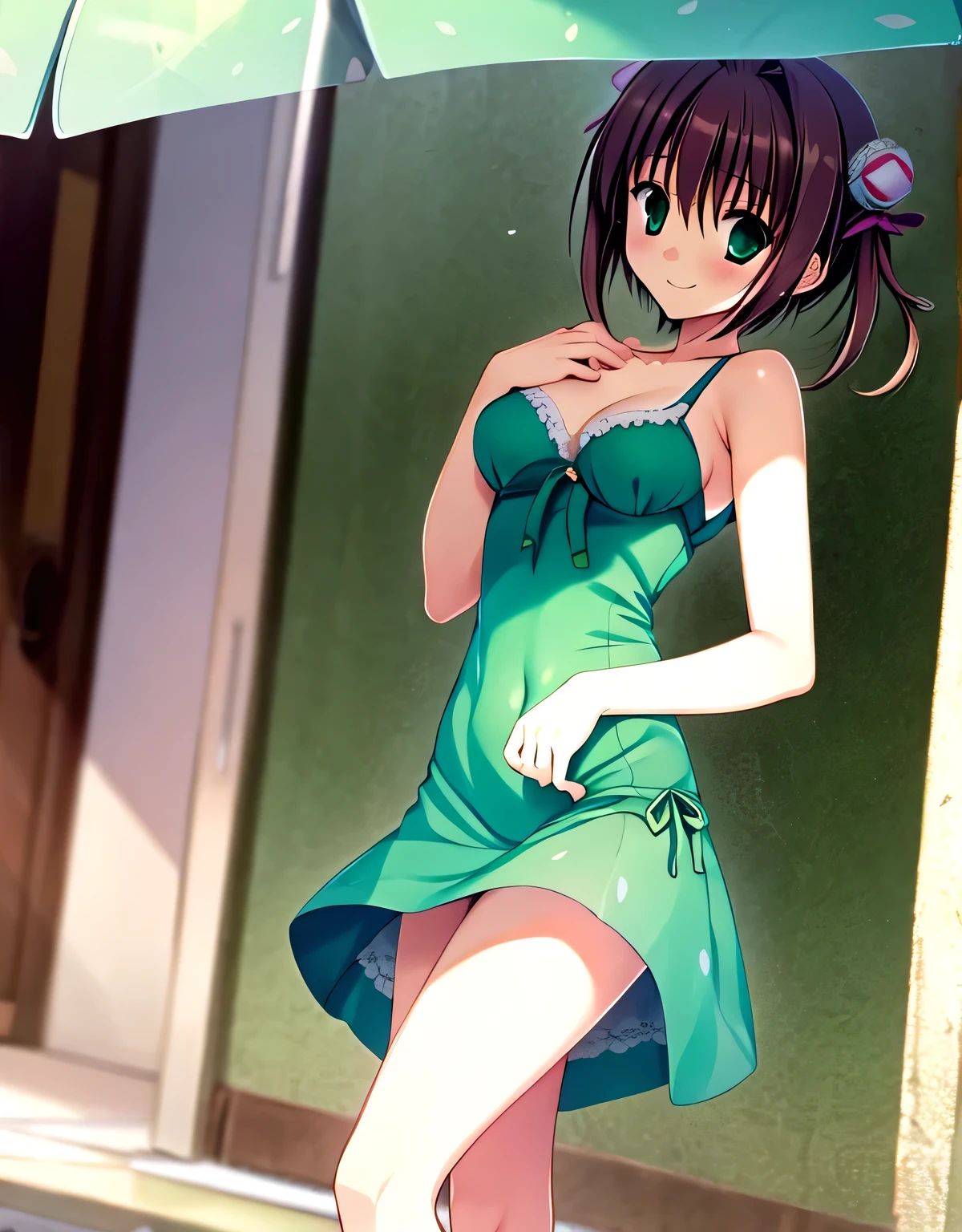 asakura_yume,Brown Hair,Medium Chest,Aqua Eye,White skin,Slums,((Are standing)),anxiety,((Breast augmentation)),(((((green_Summer Dresses))))),((valley)),No bra,smile,