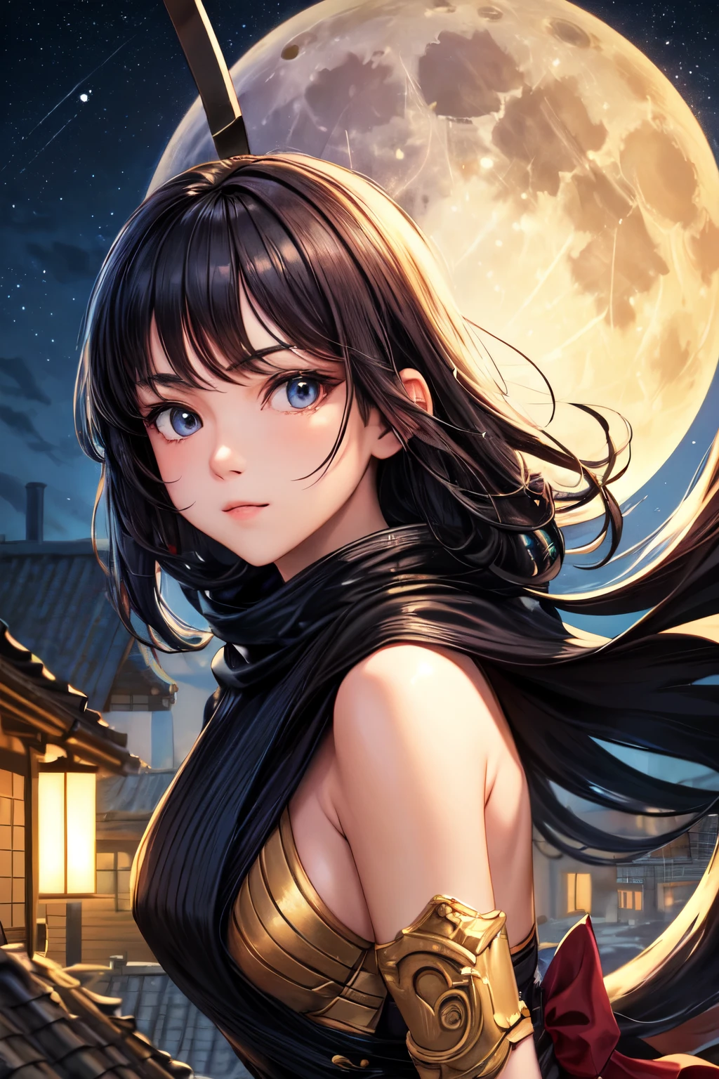 ((best quality)), ((masterpiece)), (detailed), Perfect face, Ninja on the roof, with full moon background