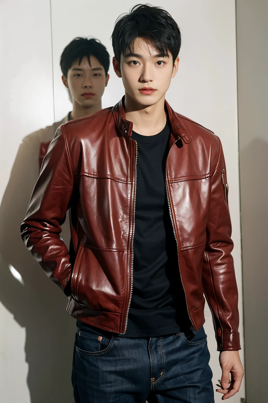 （Handsome Chinese guy：1.5）Libido boy，Locomotive Boy，Locomotive Boy，Realistic photos，Wearing a red, blue and black tight leather jacket，Brush cut，Textured skin，looks into camera，18-year-old boy，Studio，danshi koukousei，Muscle role，Perfect shadow body，Gigachad muscle，The trend is at CGSTATION，Hero male pose，