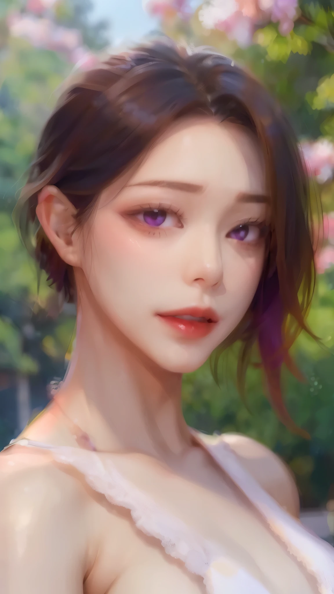 (((masterpiece))), highest quality, figure, 4k wallpaper, Cinematic Light, Absurd, One Girl,Short Hair, Purple crystal hair, Shiny Hair, Bloom Hair, Look ahead、Detailed face、Detailed Background、Background blur、Natural Film、Detailed people、smile、Cowboy Shot、Daytime Park