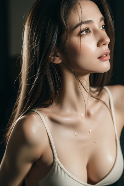 ((Realistic lighting, Best quality, 8K, Masterpiece: 1.3)), Clear focus: 1.2, 1girl, Perfect Figure: 1.4, Slim Abs: 1.1, ((Dark brown hair)), (White crop top: 1.4), (Outdoor, Night: 1.1), City streets, Super fine face, Fine eyes, Double eyelids,
