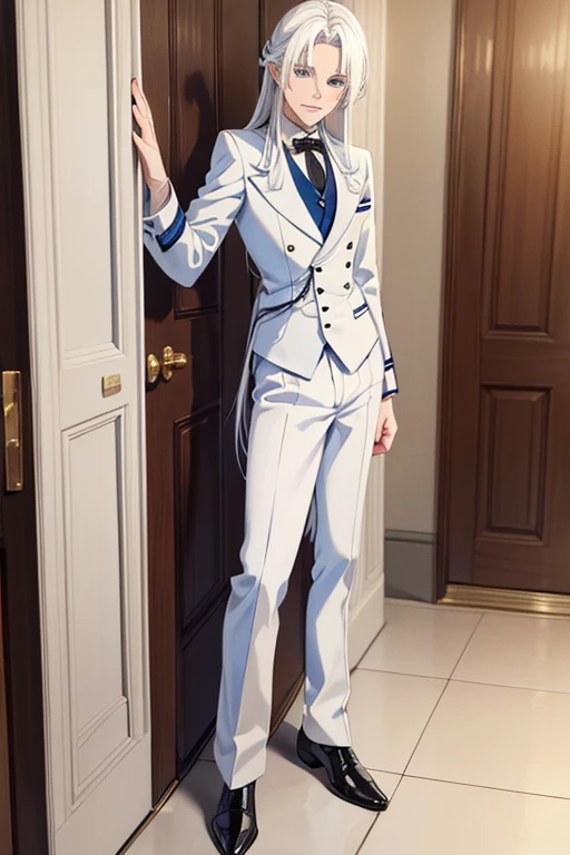 A young white haired man with blue eyes with long hair with blue eyes in a white victorian suit is leaning on a door frame with a crooked grin