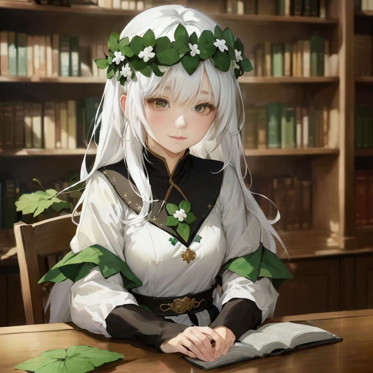 anime girl sitting at a table with a book and a bookcase, white haired deity, perfect white haired girl, girl with white hair, alchemist library background, alchemist girl, fus rei, white haired, white-haired, white haired lady, anime visual of a cute girl, relaxed dwarf with white hair, beautiful anime portrait, guweiz on pixiv artstation