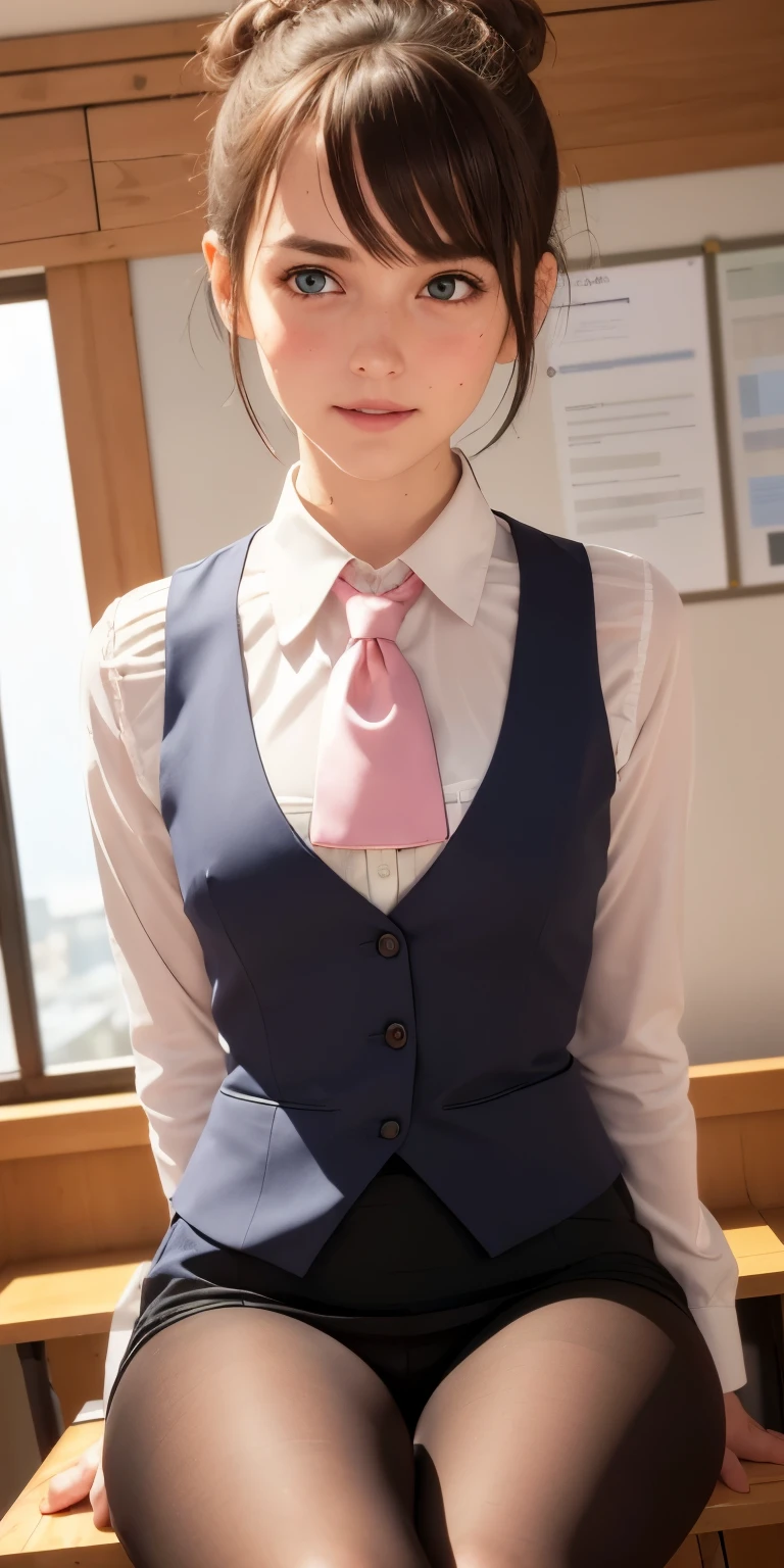 (RAW, best quality, masterpiece:1.5), (photo realistic, intricate details:1.2), ultra highres, absurdres,
1girl, beautiful face, blue eyes, green eyes, detalied eyes, symmetric eyes, light on face, nose blush, short hair, hair bun, black hair tie, 
clk, vest, suit, pencil miniskirt, white shirt, silk scarf, black pantyhose, [:20d, :0.8],
smile, small dimples, sexually suggestive, 
medium breasts, slim waist, slim legs, long legs,
sitting on chair in front of desk, perfect body, good proportions,
looking at viewer, 
(office, indoor, hyper detailed background:1.2), japan, copy machine, file cabinet, computer, monitor,
shiny skin, real skin texture, 
natural lighting, best lighting, detailed background, detailed shadow, sharp focus, depth of field f/2,
saturated, high contrast, strong light and shadow，(embarrassed,blush:1.3), ,(steam:0.8),(wet:0.8),(sweat:0.8),(trembling:1.3),(parted lips:1.3),(harf open eyes:1.4),(feeling weak:1.5)
