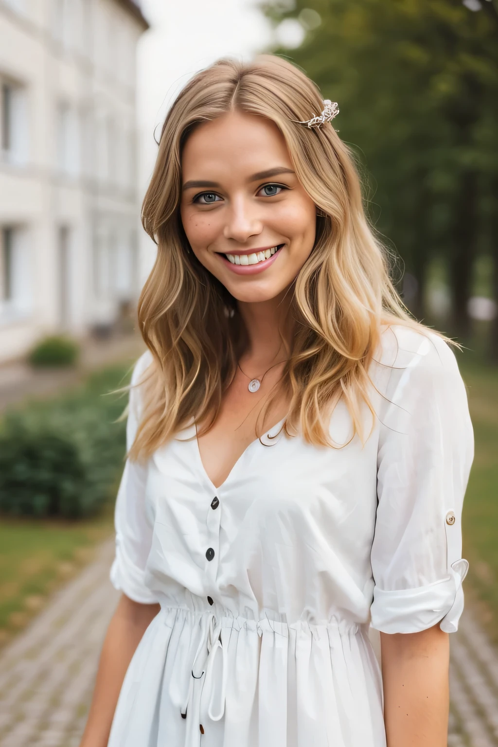 (beautiful, detailreiches Haar blond, blaue Augen, beautiful teeth, whole body recording, (Adorable freckles), (charming smile, schelmischer Ausdruck), (verspielte Pose), (Strand dress), (wunderliche Brise, wallende Haare), (Bokeh-Hintergrund), (lebendige Farben, rich tones), (froh, sorglos), (fesselnd, Zauberhaft)