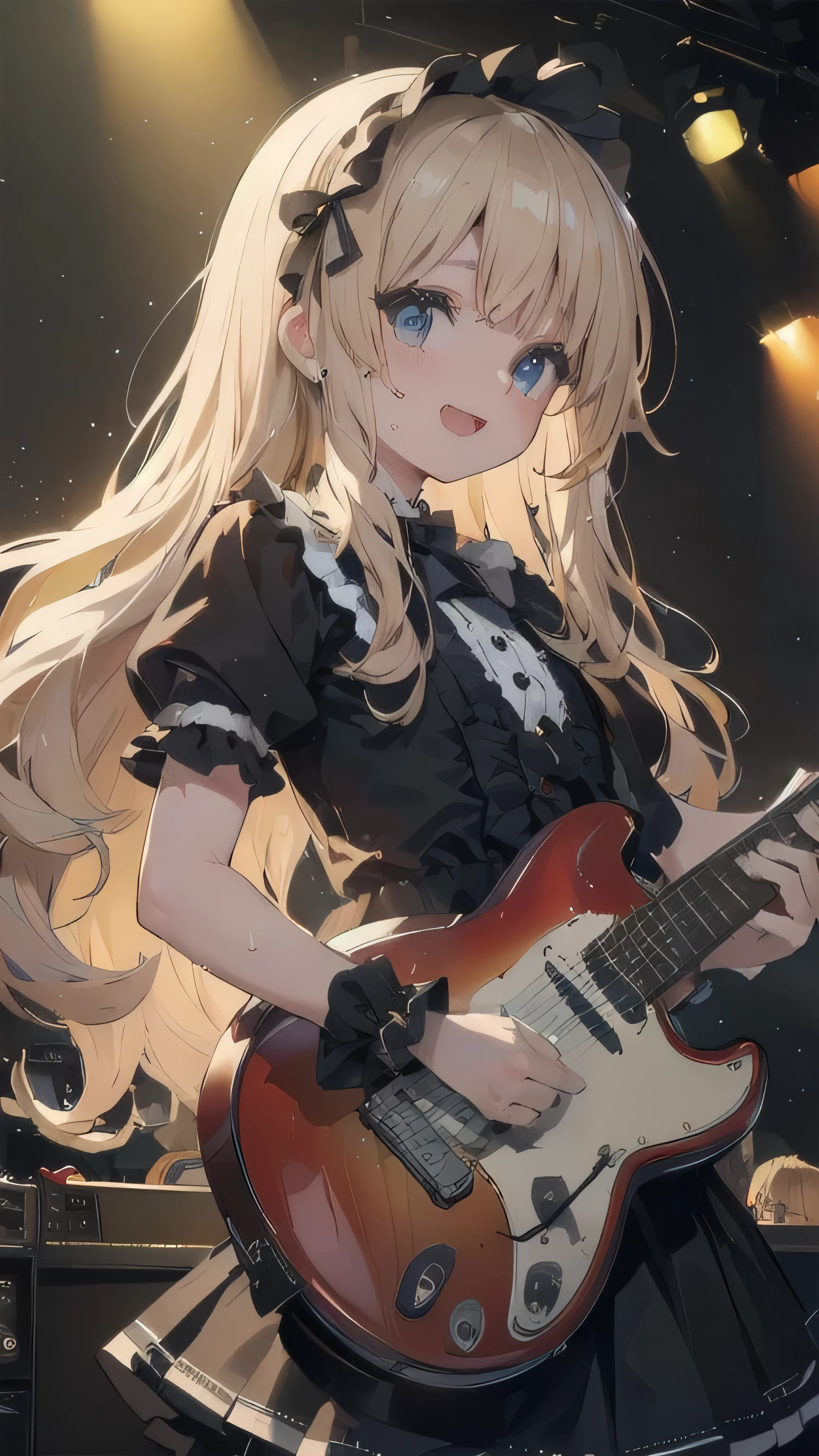 (masterpiece, highest quality, Absolute Resolution, Surrealist works, Complex, Realistic materials and textures with attention to detail、light source, Perfect Anatomy),
Wavy long hair、beauty、ta Fashion、Electric guitar、live house、Flashy lighting、rock band、stage、smile、Sweat、Sweat splashes、Open Mouth