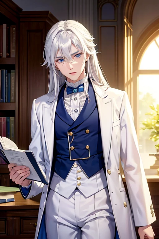 A young white haired man with blue eyes with long hair with blue eyes in a white victorian suit is taking notes in the library