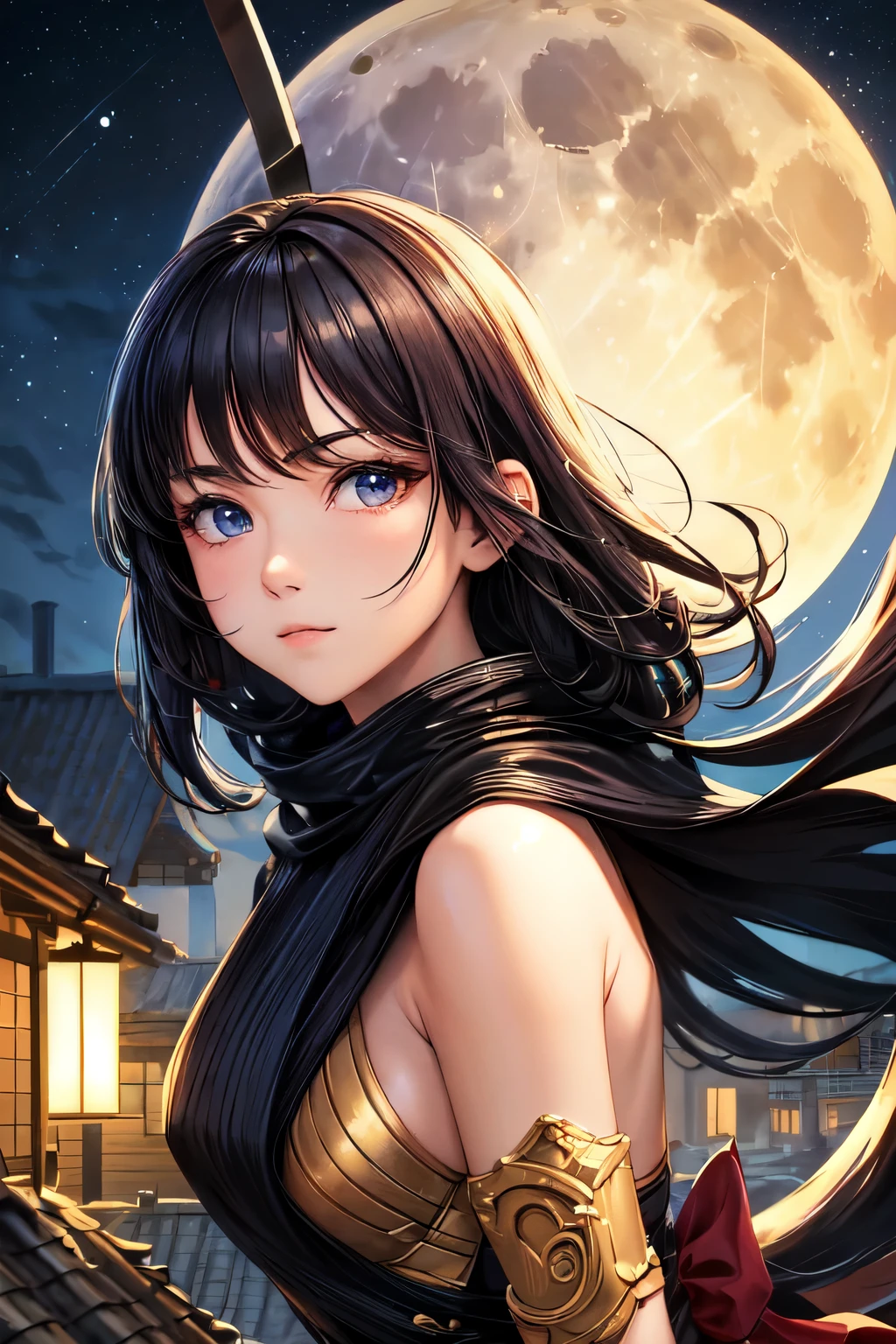 ((best quality)), ((masterpiece)), (detailed), Perfect face, Ninja on the roof, with full moon background, light brown iris