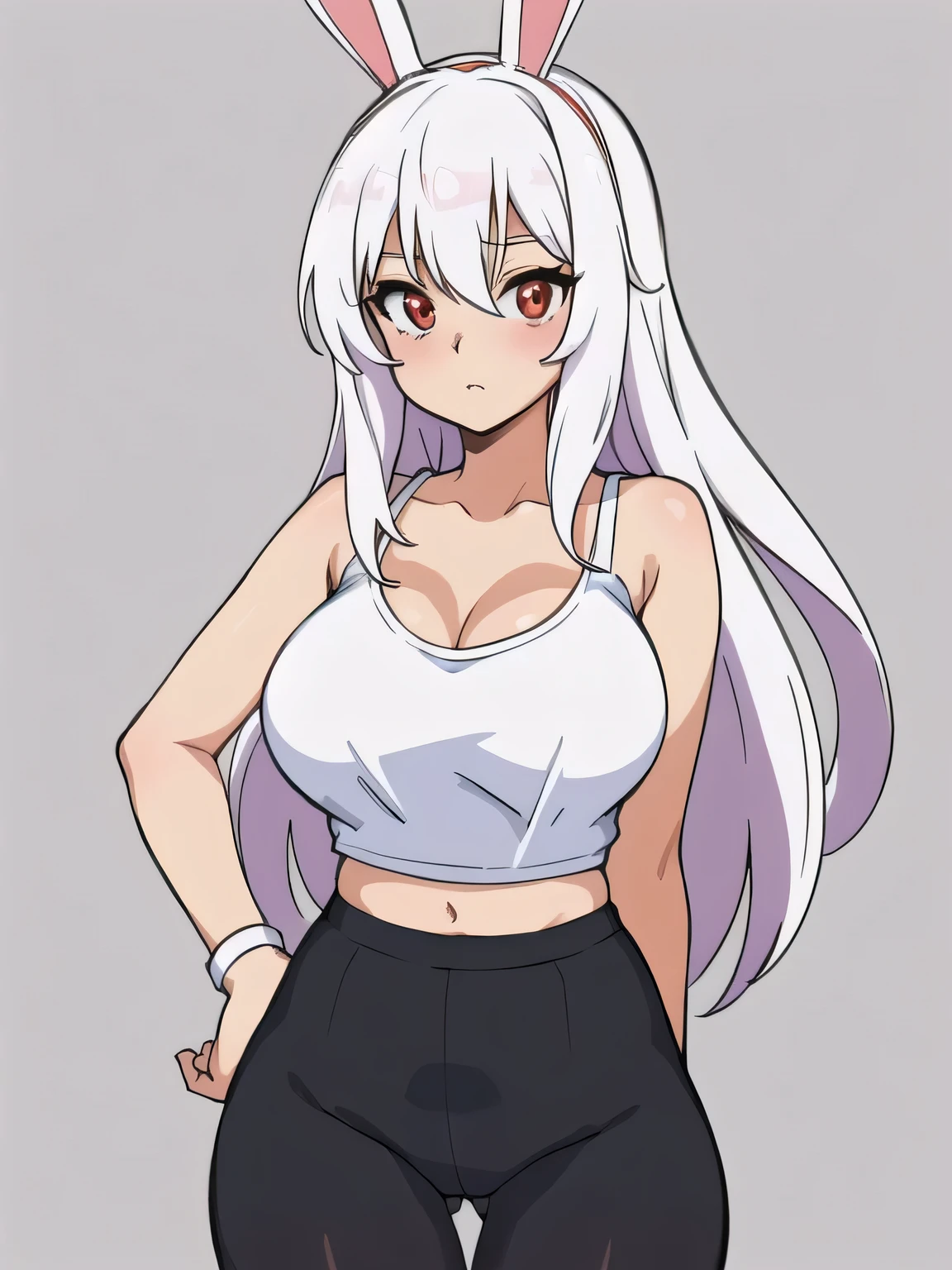 anime girl mit Hasenohren and a white top, Lola-Bunny-Fanart, OC-Kommission, Bunny Girl, casual pose, dick, mit Hasenohren, Im Anime-Stil, Order for high resolution, Charakter im Anime-Stil, ein Tanktop tragen, mit langen Schlappohren, fullbody commission for, Im Anime-Stil, sweet character, with large rabbit ears, bra visible, (((white panties))), red pupils, white hair, tanned skin