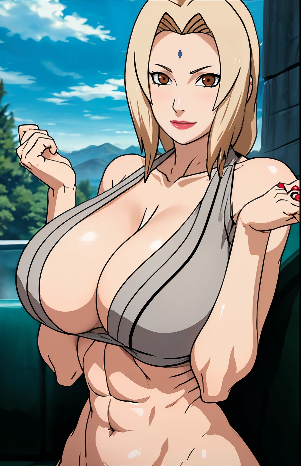 (huge tits), cleavage, good anatomy, masterpiece, best quality, 4k, 8k, professional photography, soft light, sharp focus, 1 girl,  blonde hair, short blous,visible midriff ,green rob,(mountain), clouds, blonde hair, parted banks, detailed face+brown eyes, smile, closed lips, lipstick, windows,(full bodyshot), (deep navelshow :1.5),toned abs,(oval shaped deep and long navel), alluring poses